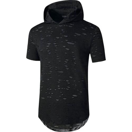 Mens Hipster Hip Hop Ripped Round Hemline Hole T Shirt Men Hip Hop Streetwear Hoodie T Shirts Men Short Sleeve Tee Shirt Homme