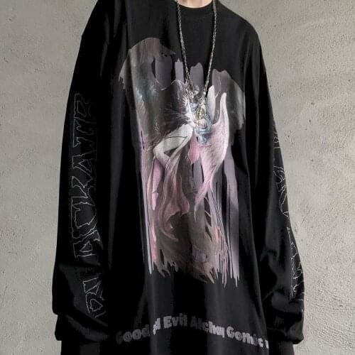 High street gothic oversize t-shirt Mens tshirt pulovers demon goddess dark print vintage Harajuku cotton o-neck long sleeves