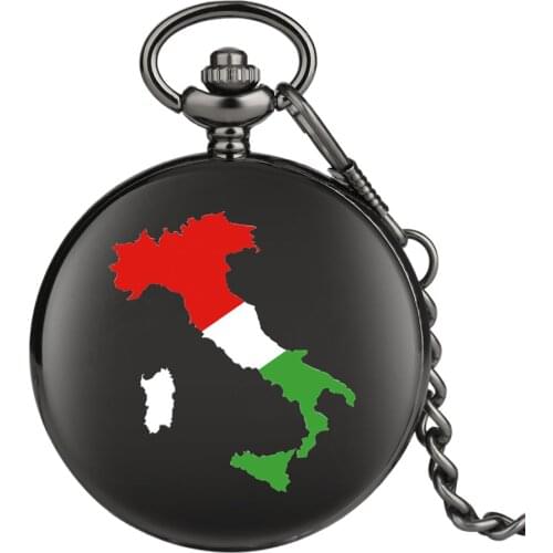 Italy Map Pattern Smooth Black Quartz Pocket Watch Antique Fob Chain Pendant Clock Gifts Men Women