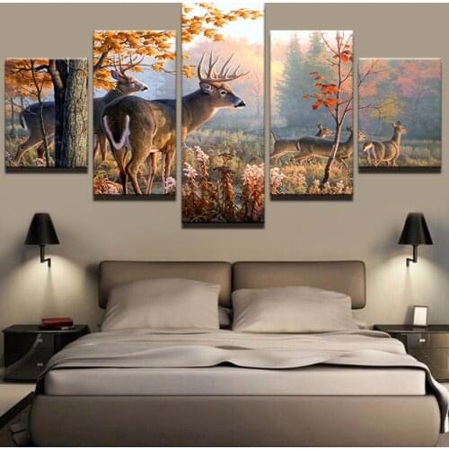 Canvas Paintings Wall Art Frame Home Decor Pictures 5 Pieces Forest Wonderland Animal Deers Landscape Posters HD Printed PENGDA
