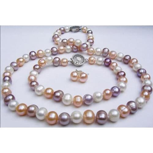 Genuine 9-10mm Natural Multicolor Akoya Cultured Pearl Necklace Bracelet Earrings set