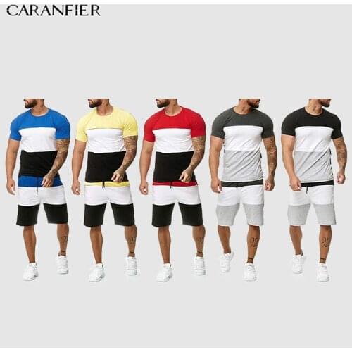 CARANFIER Fashion Color Matching Summer Sports Set Men Beach Round neck Shorts Suit Mens Casual Fitness Short-sleeved Shorts