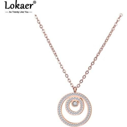 Lokaer 3 Circle White Rhinestones Pendant Necklace Rose Gold Color Stainless Steel Jewelry Gift For Girl Lady Women N18272