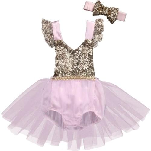 Cute Baby Girls Sequined Romper Dresses Princess V neck Patchwork Party Tutu Mesh Dress Headband Outfits Clothes Summer Clothing