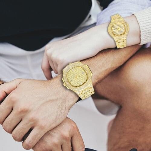 MISSFOX Top Luxury Brand Fashion 18K Gold Full Dimaond Decorated Womens Mens Steel Quartz Waterproof Iced Out Couple Watch Set