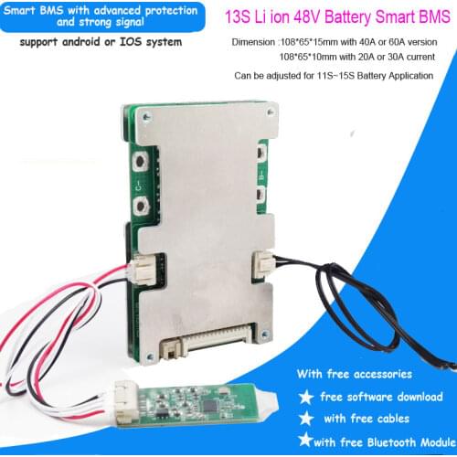 13S 48V li ion Smart Bluetooth BMS with 20 to 60A constant current 54.6V Software PCB board for e-bike battery or Power Battery