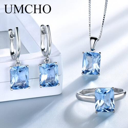 UMCHO Real 925 Sterling Silver Jewelry Created Sky Blue Topaz Rings Earrings Necklace Wedding Gifts For Women Fine Jewelry Sets