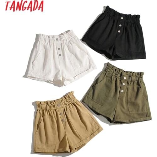 Tangada Women Cotton Shorts High Waist Buttons Pockets Female Retro Basic Casual Shorts Pantalones 1M2