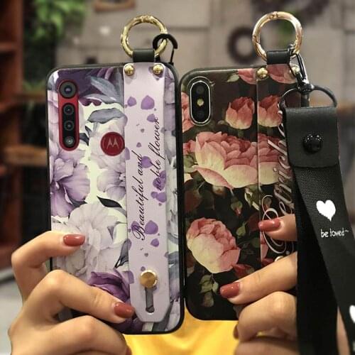 Silicone Shockproof Phone Case For MOTO G8 Play/One Macro For Girls Lanyard Kickstand Wristband