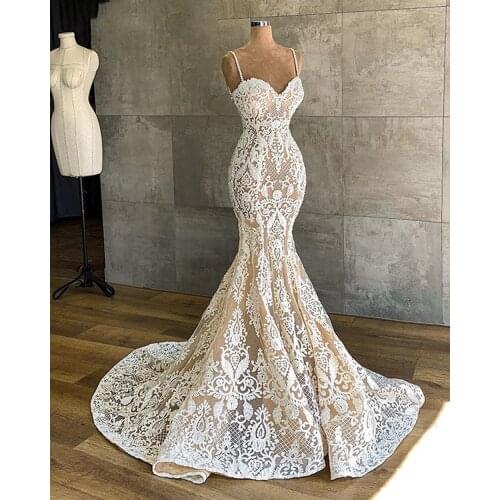 Modest Full Lace Mermaid Wedding Dresses in Dubai 2021 Sweetheart with Spaghetti Straps Africa Women Bridal Gown Bride Dress