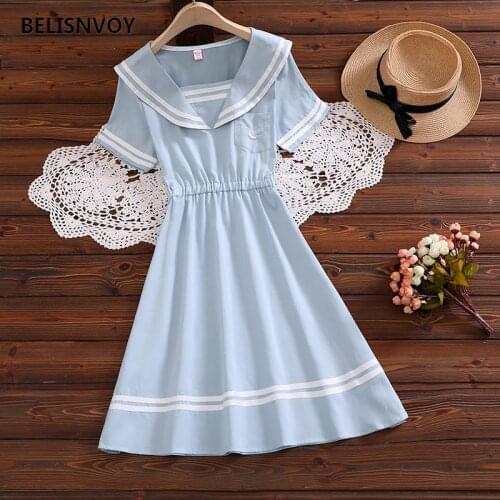 Japanese Summer Girls Kawaii Uniform Dress Sailor Collar Cute Female Students Mini Dress Blue White Embroidery Cosplay Costumes
