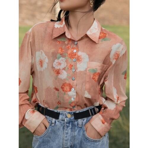 Womens Vintage Orange Pink Rose Lapel Long-Sleeved Printed Shirt Female Design Dense Blouse Spring Autumn Loose Casual Shirt