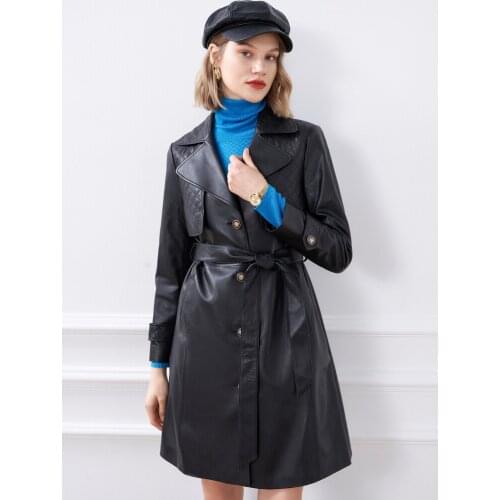 Womens clothing in autumn 2021 new leather mid length slim Lapel belt sheepskin windbreaker