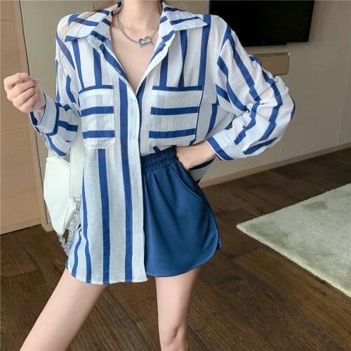 2021 Summer New Korean Version Net Red Wind Blue Stripe Casual Shirt Womens Long Sleeve Medium Length Sunscreen Shirt