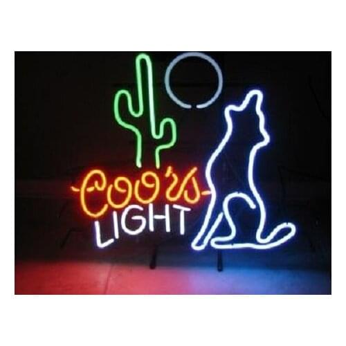 19“x15" Desert Wolf Cactus Coyote Moon Neon Light Lamp Sign Beer Handmade Glass Decorate Home Wall Room Glass Windows Artwork