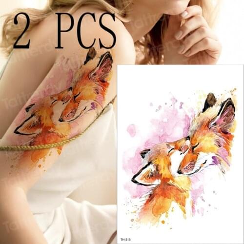 2pcs/lot Pink cute fox intimate foxes Watercolor Fox Temporary Tattoo Sticker for Waterproof Women Fake Body Art girls Fashion