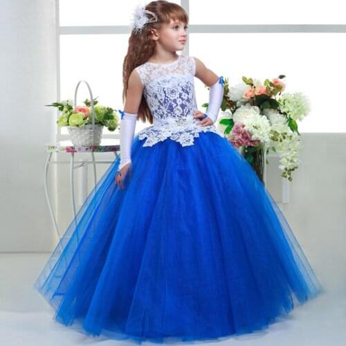 2018 Romantic Puffy Lace Flower Girl Dress for Weddings Blue Tulle Princess Ball Gown Girl Party Pageant First Communion Dresses