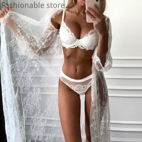 Women Sexy 3pcs White Lace Bra High Waist Lace Briefs and Sheer Lace Cardigan Set