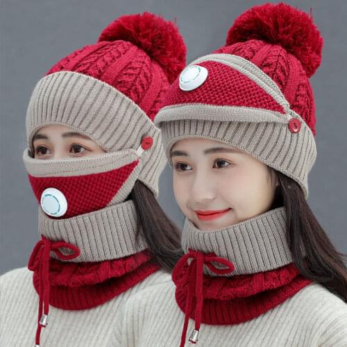 2020 Outdoor Cycling knitted Hats Autumn Winter Knitted Hat Kit With Breathing Mask Thickened Warm Cap 3 in 1 Woman Hat Set