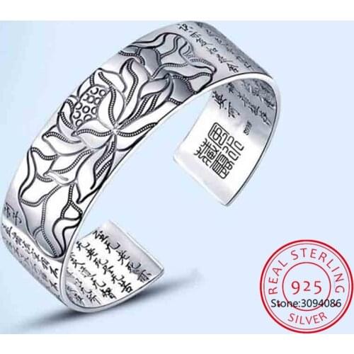925 sterling silver new woman mens fine jewelry retro lotus carving Buddhist scripture blessing language bracelet