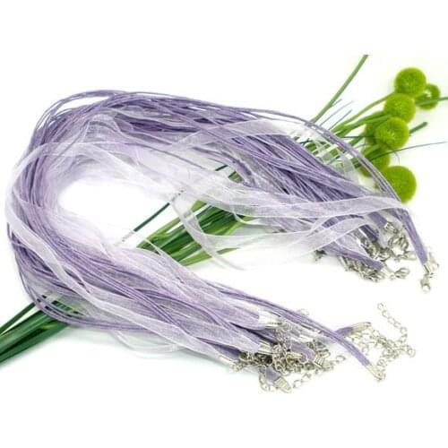 Free Shipping 100pcs Lobster Clasp Purple Organza Ribbon Waxen Cord String Necklaces 17"