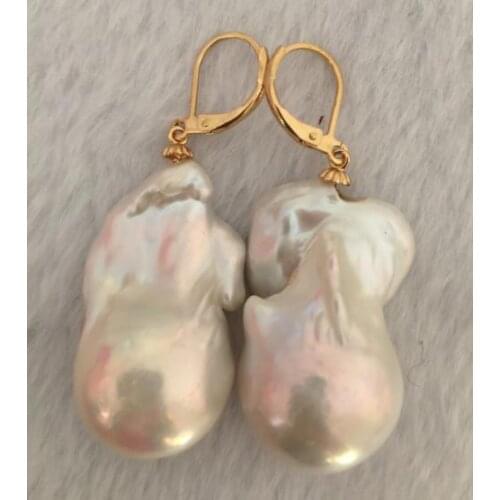 Free shipping charming a pair of natural south sea baroque whiter pearl earring