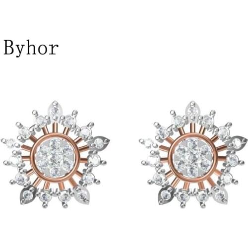 Byhor Solid 14K White/Yellow+White/Rose+White Gold 1.17ct H/SI Natural Diamonds Fine Jewelry Wedding Flower Stud Earrings Cерьги