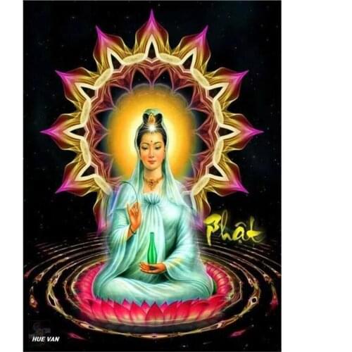 Guanyin Religious Gift Diamond Painting Cross Stitch Portrait Mosaic Full Diamond Embroidery Round Rhinestone Buddha Lotus A2112