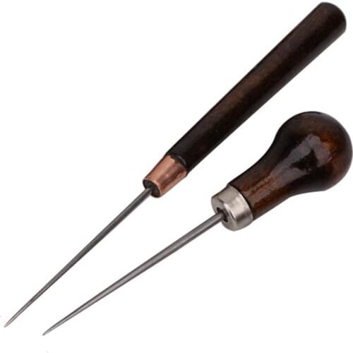 2 Pcs Solid Wood Handle Drillable Awl Leather Craft Cloth Professional Stitching Sewing Repair Tools