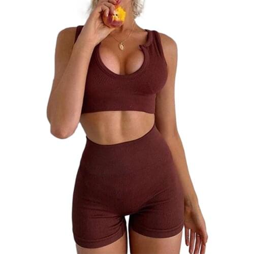 Summer Yoga Sets Women Knitted Grop Top Bra High Waist Seamless Fitness Shorts Two Piece Sets Running Sport Suit Gym Clothing