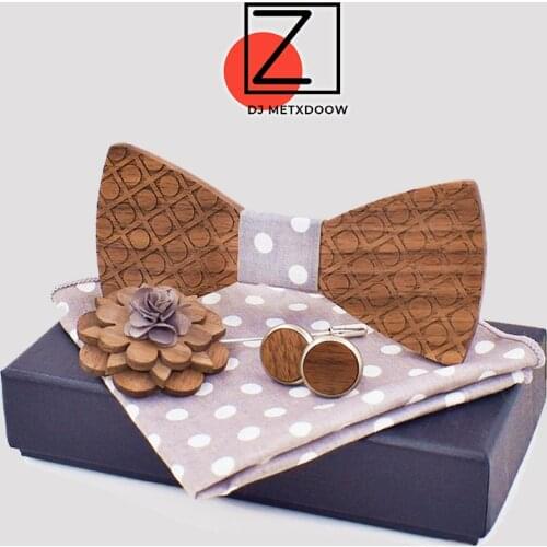 New 2018 Handmade wooden Bow Tie Handerchief Set Dot Wood bow tie cufflinks wedding brooch accessories corbata Gravata set