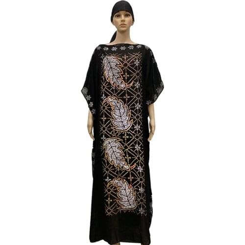2020 New African Leaf Diamond cotton Chiffon Long Dashiki Dress with Scarf For Lady African clothes 616