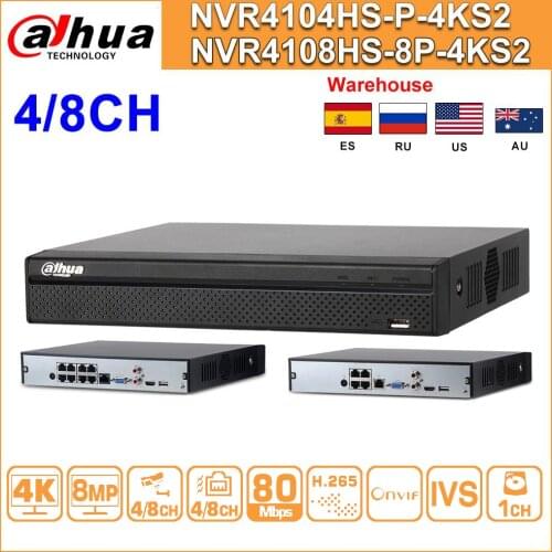 Original Dahua NVR NVR4104HS-P-4KS2 NVR4108HS-8P-4KS2 4/8 CH NVR POE 4K Network Video Recorder with IVS HD 8MP for IP Camera