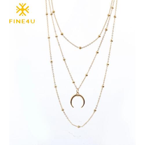 FINE4U N214 Multi-layer Choker Necklaces Stainless Steel Moon Pendant Necklace Trendy Fashion Rosary Beads Jewelry