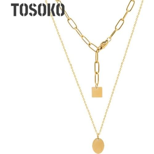 TOSOKO Stainless Steel Jewelry Geometric Square Fringed Oval Pendant Double Layered Necklace Female Cool Clavicle Chain BSP835
