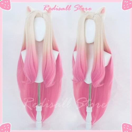 LoL KDA Ahri Cosplay Wig Gradual Beige Pink Straight Synthetic Hair Heat Resistant Halloween Adult Women Role Play