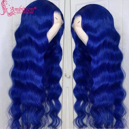 Ambition Blue Color Hair Wig Pre plucked Glueless Lace Frontal Wig Human Hair Wavy Lace Front Wig Bleached Knots Human Hair Wigs