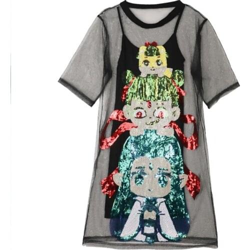 Ins Chinese Style Cute Cartoon Sequins Gauze Dress Women Sexy Two Pieces Short Sleeve Loose Long Mesh Top