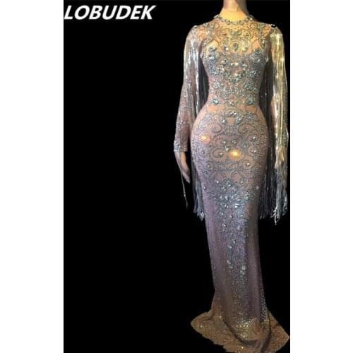 Fashion New Silver Rhinestones Tassels Long Sleeve Tight Dress Lady Singer Evening Performance Crystal Long Dress Stage Costume