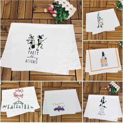 1pc Halloween Tea Towel Absorbent Tea Napkin Soft Kitchen Towel Cotton Dish Towel Eco-Printing 67x41cm