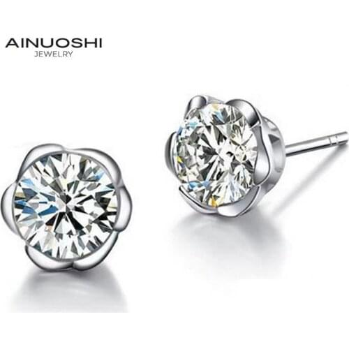 AINUOSHI Round Cut 1 Carat SONA Diamond Simple Stud Plum Blossom Earrings For Women 925 Silver Jewelry Gift