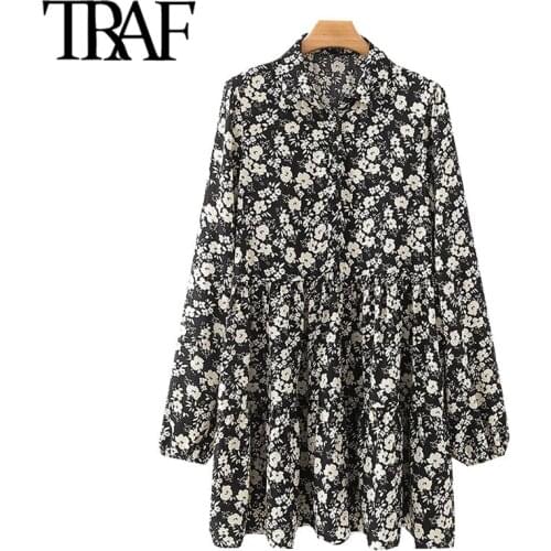 TRAF Women Chic Fashion Floral Print Ruffled Mini Dress Vintage Lapel Collar Long Sleeve Female Dresses Vestidos Mujer