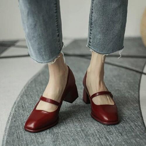 2021 New Fashion Women Shoes Square Toe Mary Janes Shoes Square Heel Dress Shoes Pearl Buckle Pumps High Heels Office Shoe