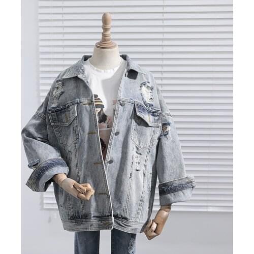 Mid-length Vintage Blue Hole Denim Jacket Women Loose Oversize Spring Autumn 2021 Korean Casual Harajuku Long Sleeve Jean Jacket