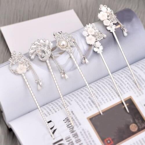 Chinese Style Hair Clip Hairpin Chopsticks Metal Rhinestone Hair Stick Tassel Imitation Pearl Flower Headpiece Hairwear Jewelry