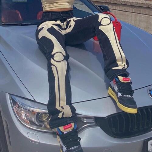 2021 Skeleton Skull Print Low Rise Jeans Women Streetwear Black Denim Trousers Urban Cyber Ghetto Baddie Clothes Goth Pants Fall