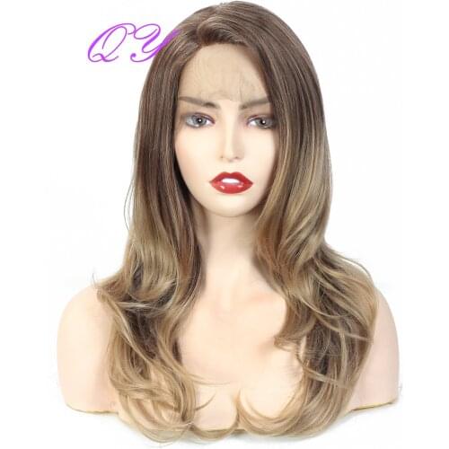 QY Synthetic Lace Front Hair Long Ombre Brown Fashion Wigs For Women Natural Wave Hair Style