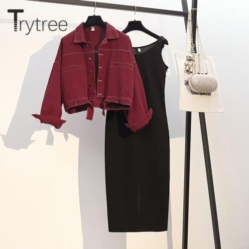 Trytree 2020 Autumn Winter Women Two piece set Turn-down Collar Single Breasted Top Coat + Dress Solid Black Set 2 Piece Set