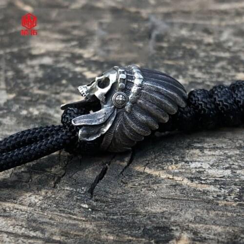 1PC Original Handmade 925 Silver Indian Skull EDC Paracord Beads Lanyard Pendants Knife Beads Umbrella Rope Cord Beads Pendants