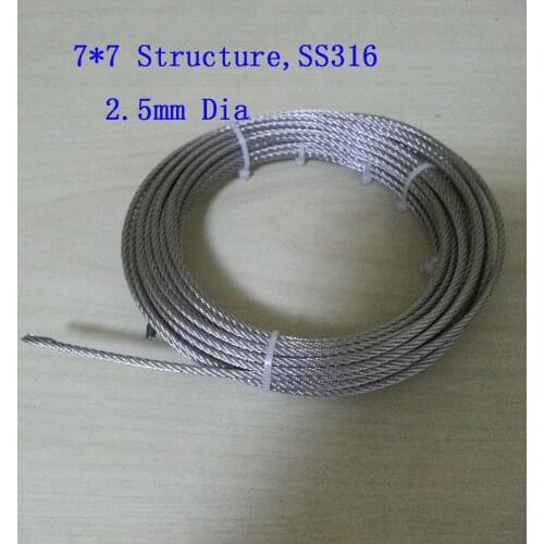 10 meters,SS316 material, 2.5mm dia, 7*7 Structure,Stainless Steel Wire Rope Hanging clothes Fishing rope